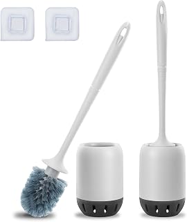 2 Pack Plastic Toilet Brush Set, Toilet Bowl Brush with Long Handle, Floor & Wall Mounted Toilet Brush with Sticker，Toilet Brush and Holder with Loophole for Ventilation, Easy to Assemble