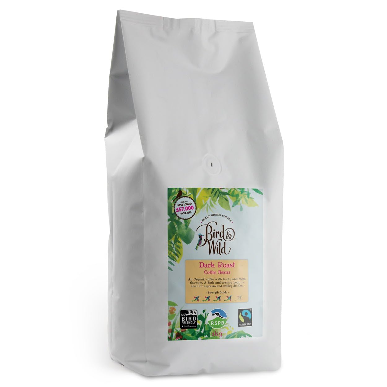 Fairtrade Organic Coffee Beans 1kg - Strong Medium Dark Roast Espresso - Shade Grown Bird Friendly Coffee - Bird And Wild Coffee - Suitable for all Machines - Donation to RSPB - Strength 4