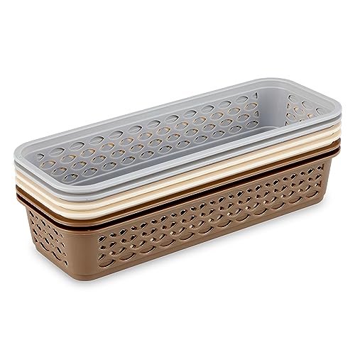 Image of RATAN PLASTICWARE Diana Tray Rectangular-Narrow (Pack of 6) Plastic Storage for Desk Basket /Organizers for Stationery, Jewellery, Tools,Kitchen, Office- Lt Brown /Daiso Grey /Twist Beige