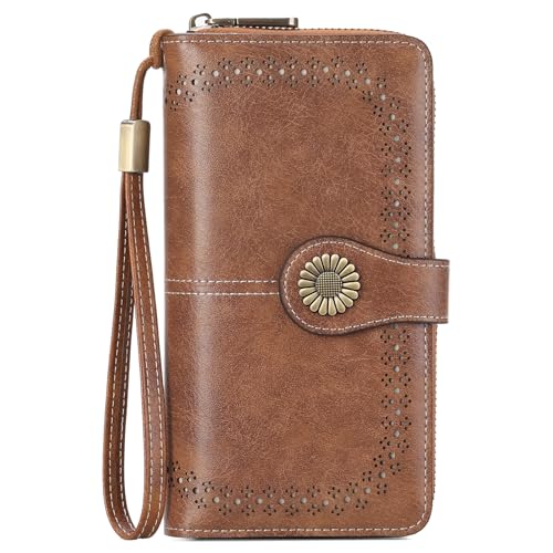 SENDEFN Leather Womens Wallet RFID Blocking Billfold Credit Card Holder Wristlet Ladies Clutch Purse