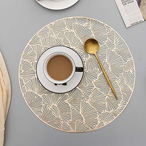 Hosoncovy 4 Pack Ginkgo Biloba Decorative Placemats Round Placemat PVC Placemats Hollow Table Place Mats Heat Resistant Non-slip Dining Placemats Leaf Placemat for Home Kitchen (Gold)