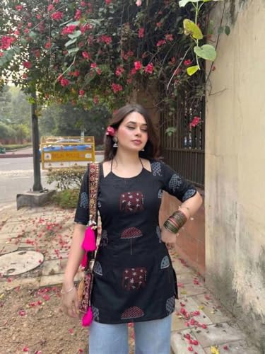 Image of ANNI Designer Short Kurti for Women Viscose Printed Straight Ethnic Top | Stylish Kurti Tops with Jeans Styling | Casual Office Wear | Traditional Indian Outfit for Woman