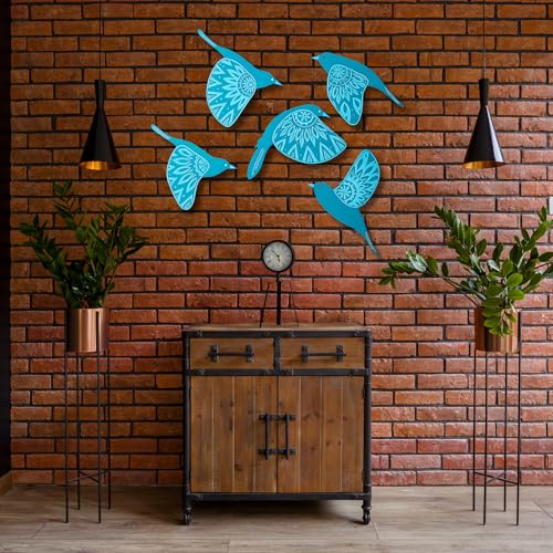 Image of DAKSHESTRY ARTWORKS Wooden 3D 5 Pieces Birds for Wall Art Panel | Wood Bird Folk Art Wall Hanging Art Decoration Item for Living Room, Bedroom, Drawing Room, Dining Room & Office (Red) Pack of 1