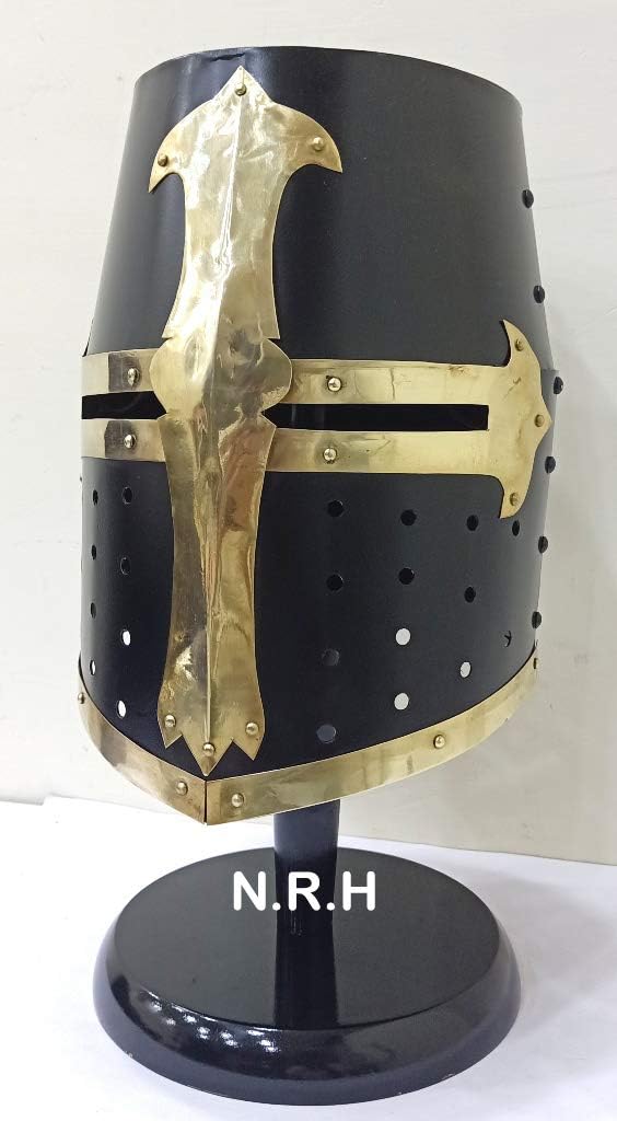 Medieval Knight Crusader Templar Helmet Black Mason Brass Cross Halloween Helmet with Liner Wooden Stand