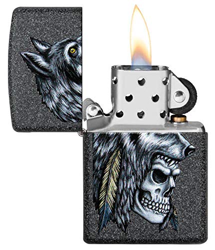 Image of Zippo Wolf Skull Feather Design Iron Stone Pocket Lighter