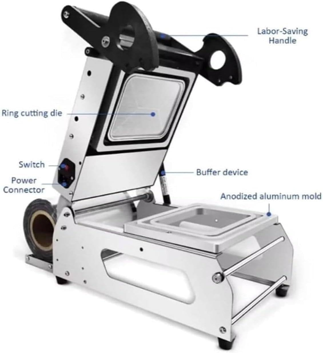 Máquina de sellado térmico para bandejas de alimentos, sellador a presión manual, 600 W para embalaje de alimentos para llevar, 8 veces/minuto, sellador de cajas frescas, ancho de película 180 mm
