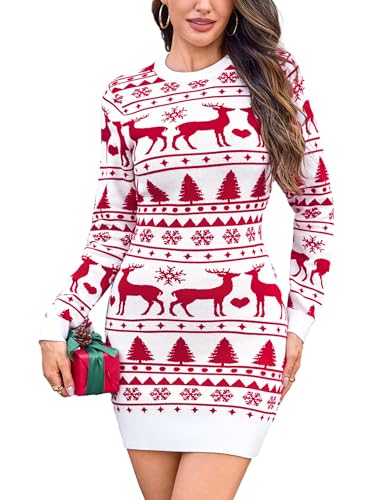 Totatuit Pull de Noël Femme Élégant Robe Pull Ajustée Mode Festive Col Rond Manches Longues Hiver Blanc，S