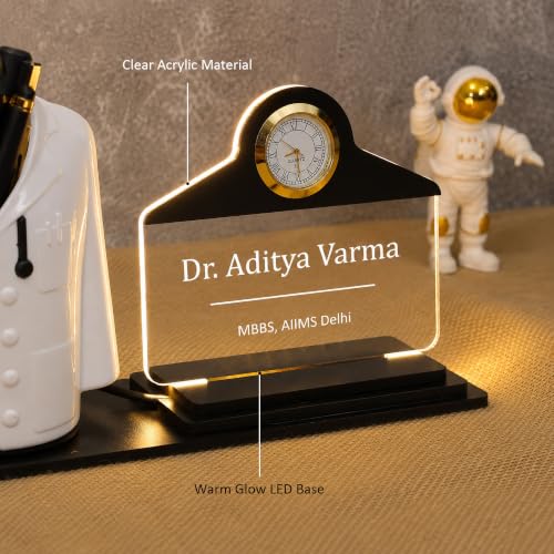 Image of Deskart Customized Gift Pen Stand with LED Name Plate & Clock | Doctor Coat Apron Shape Pen Holder with Warm LED Acrylic Name Plate & Adapter