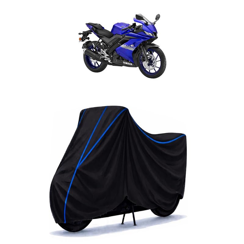Image of FZS FI V4 Bike Cover Water Resistant Universal Motorcycle Rain | Heavy Duty UV Protection, Dust, Scratch Indoor Outdoor All Weather with Black Blue Piping Elastic