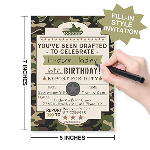 Image of Hadley Designs Kids Birthday Invitations For Boys Army Theme - 25 Call of Duty Birthday Party Invitations For Boys, Camo of Duty Invites For Boy, Cute Camouflage Military Party Supplies, Made In USA