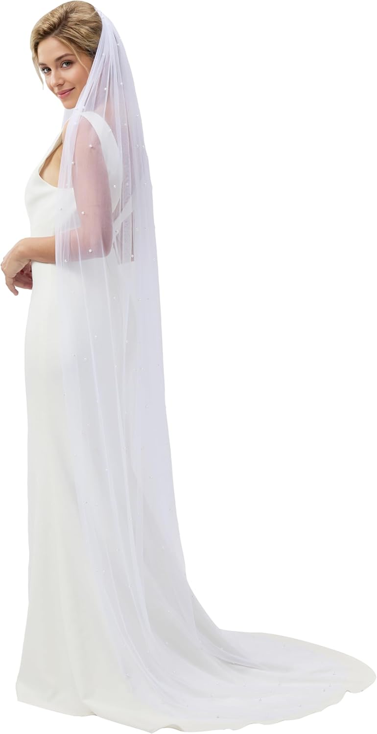 Bridal Wedding Veil Pearl Bride Veil 1 Tier With Metal Comb for Woman