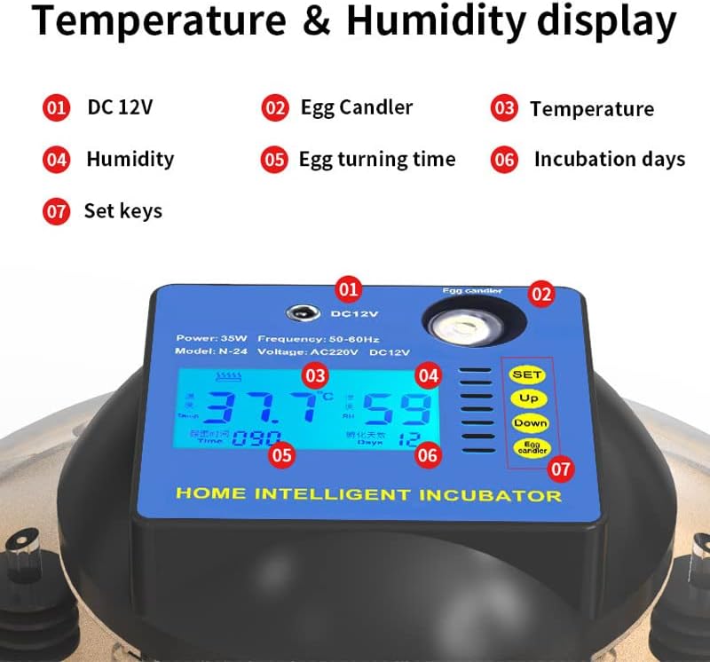 Close-up of the Nollapo incubator control panel showing temperature, humidity, egg turning time, and incubation days