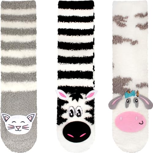 Image of BambooMN Super Soft Warm Cute Animal Face Non-Slip Fuzzy Crew Winter Home Socks, Value Pack