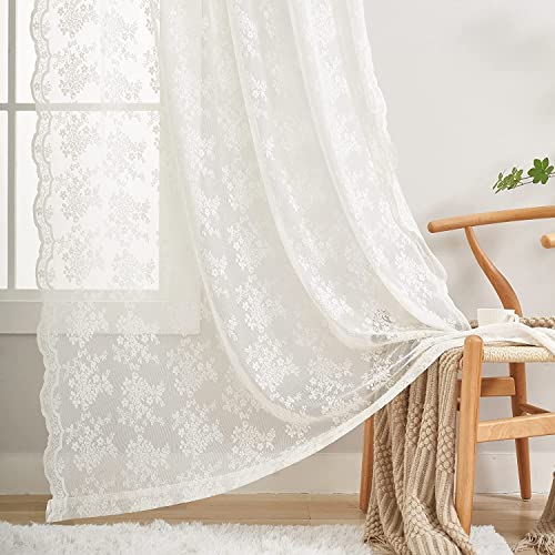 YJ YANJUN Beige Net Curtains 54 drop Sheer Lace Curtains for Bedroom Heavy Short Window Voile Rod Pocket Set of 2 52 W x 54 L Inch(132cm x 137cm),Light Beige - Image 3