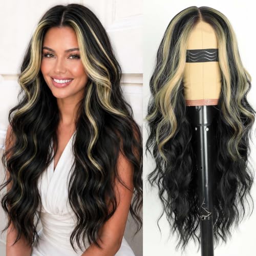 Image of AISI HAIR Black Highlights Wigs for Women,Wavy Synthetic Lace Wig 26Inch | Lace Hairline,Middle Part,Heat Resistant Wig,Daily Party,Natural-Looking,Adjustable Cap,Beginner Friendly,Soft Silky Texture