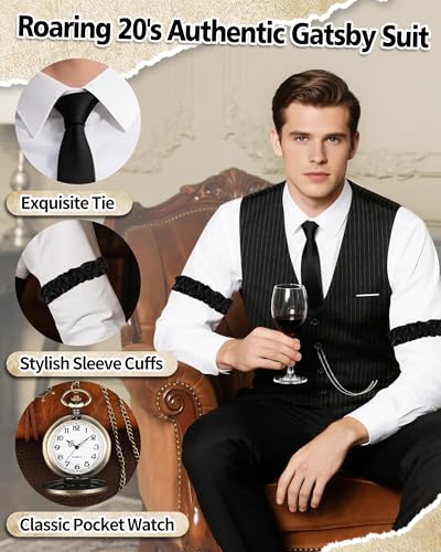 1920s Mens Costume, Roaring 20s Costumes for Men, Fedora Hats for Men 1920S Mens Outfit with Hat, Vest,Pocket Watch - Image 6