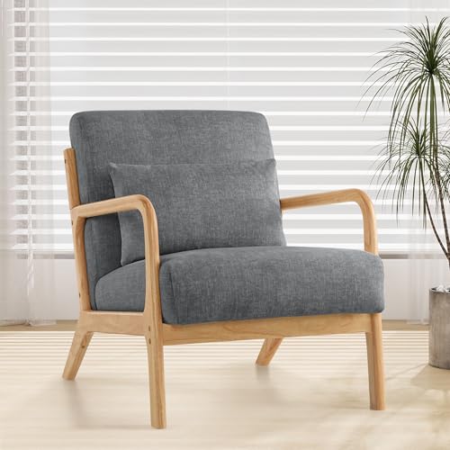 XH.Easy Go Accent Sessel mit Kissen, Moderner Polstersessel für Wohnzimmer, Lounge-Stuhl mit Armlehnen&Holzrahmen, bequemer Lesesessel, Stoff Dunkelgrau