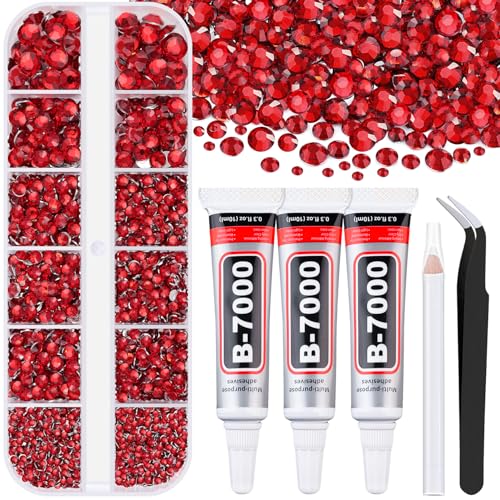 Resin Rhinestones for Crafting with B7000 Jewelry Glue 1 Box Red Flatback Crystals with 3Pcs 10ml Glue for Bedazzling Crafts DIY Nail Art MakeupNon Hotfix Gems for Clothing Shoes