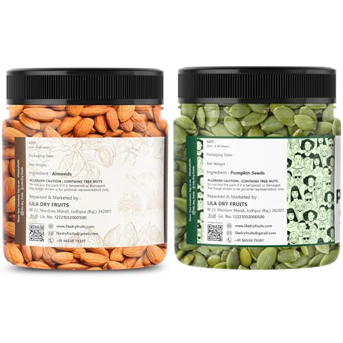 Image of LILA DRY FRUITS Almonds Pumpkin Seeds Combo Pack 100 Gms x 2 | Premium Badam & Pumpkin Seeds Mix | Healthy Snacks, Protein Rich Nuts & Seeds for Daily Nutrition Perfect for Gifting
