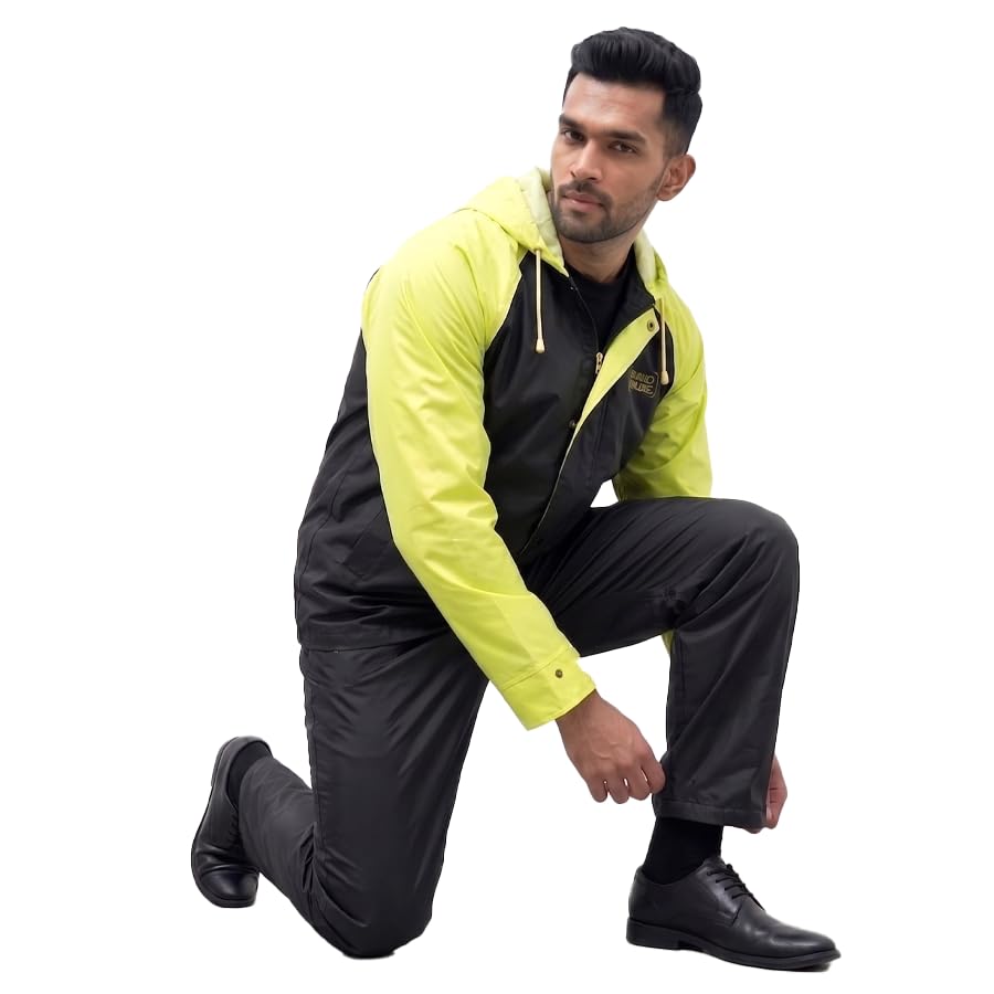 Roughhouse Raincoat for Men & Women — Heavy Duty Waterproof Rain Suit with Jacket & Pant for Bike Riding | Hooded High-Visibility Unisex Raincoat | Foldable Monsoon Rain Coat — Charcoal & Neon, Size L-image-26