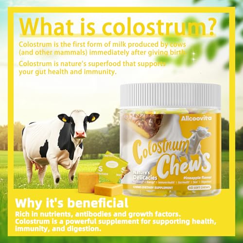 Image of Allcoovita Bovine Colostrum Chews Supplement with probiotics for Gut Health, Bloating, Immune Support, Skin, Hair Growth and Beauty - Pineapple Flavor (60 Servings)