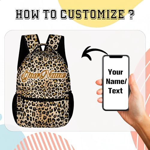 Custom Backpack Personalized Add Your Own Name Text Logo Laptop Bag, Large Capacity Water-Resistant Double Shoulder Backpack, Customize 17in Casual Daypack for Work Travel Backpack（Basic Leopard）2