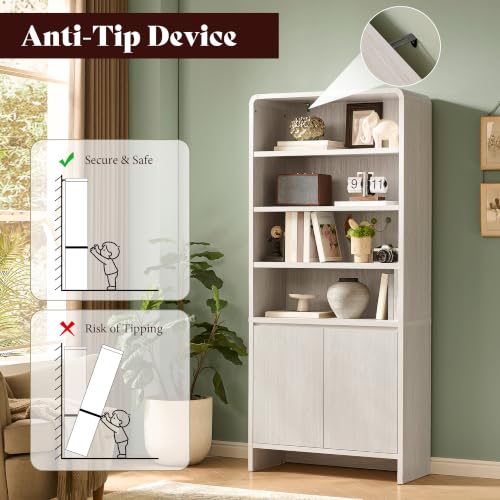 Image of AMERLIFE 71 inch Modern Bookcase Set of 2 with Storage Cabinets, White | 2 Pieces Bookshelf Set, Storage Cabinets with Adjustable Shelves, Curved Design, Ideal for Living Room, Bedroom, Home Office