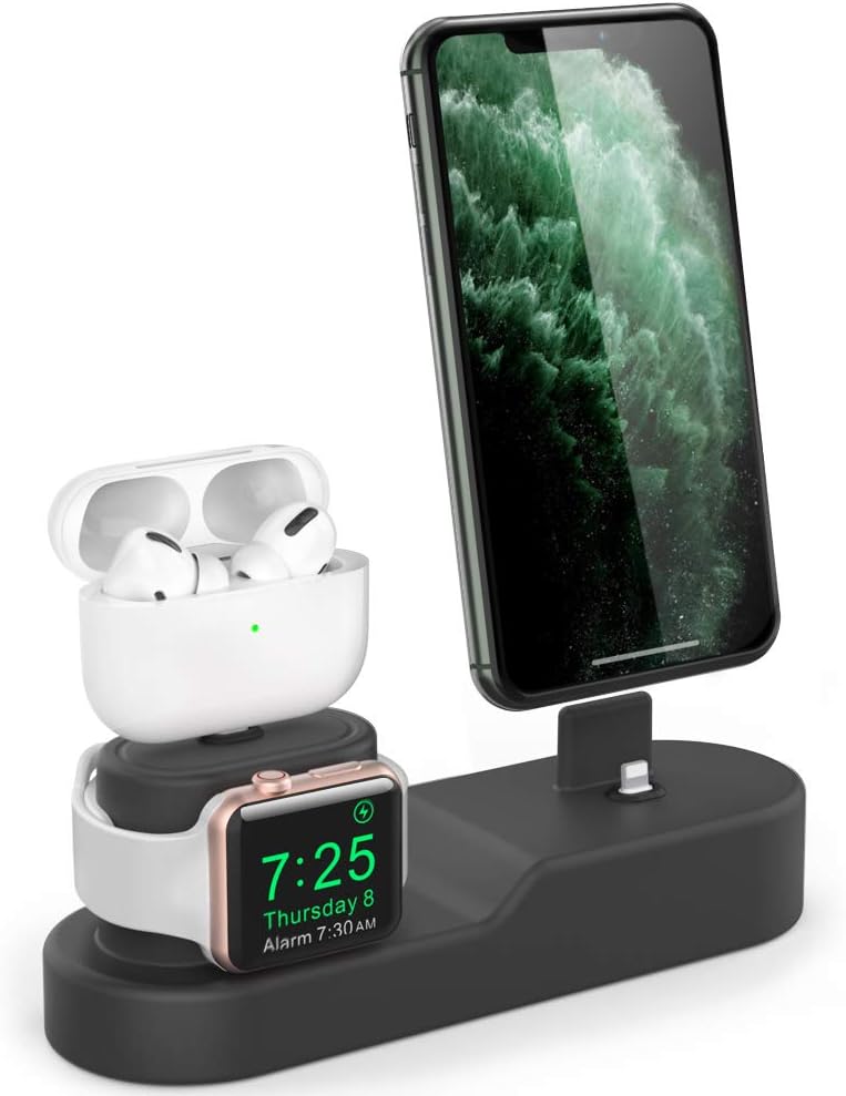 AhaStyle 3 in 1 Silicone Charging Dock/Silicone Stand and Cable organizer for Charging All iPhone Models, AirPods Pro/1/2, and Apple Watch Series 5/4/3/2/1 (Black)