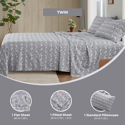 Image of Woolrich Cotton Sheet Set Cottage Charms Print, 100% Cotton Flannel Sheets Warm & Fuzzy Bedding Set Twin Size Sheets, Fitted Pocket Fits Up to 12 inch Mattress, Twin Grey Ski Jump 3 Piece