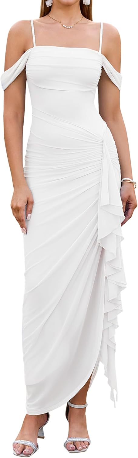 HTZMO Women Elegant Bodycon Maxi Dress Ruched Ruffle Slit Wedding Gutst Formal Cocktail Party Long Dresses