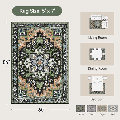 5x7 Area Rugs, Vintage Washable Area Rug for Living Room, Floral Boho Area Rugs for Bedroom, Office, Non-Slip Colorful Rug, Traditional Vintage Style, Plush Low-Pile Soft Carpet, Dark Green