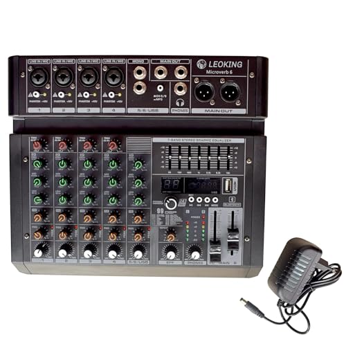 Image of kh 6 Channel Audio Mixer Professional Mixing Console 6 Channels (4 Mono Mic Line + 2 Stereo) 48V Phantom Power Each Channel, Bluetooth USB Player, Digital Multi Effect Reverb 24bit 16dsp 1 Aux Send