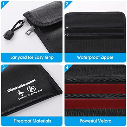 Homeleader Two Pockets Fireproof Document Bags (2000), 15.2"x11" Waterproof Money Bag, Double Zipper Wallet Bag, Fireproof Safe Storage Pouch for Passport, Valuables, File, Cash and Tablet, Black