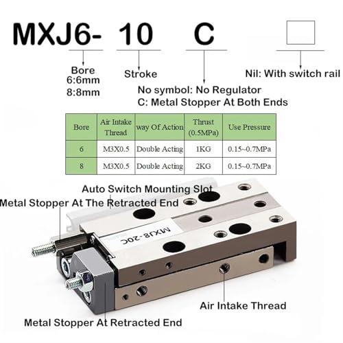Cylindre pneumatique coulissant de précision MXJ8-20C mini vérin double effet