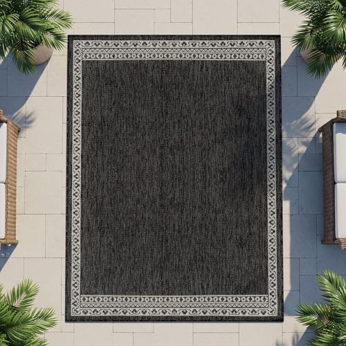 Washable Outdoor Rug 10x14 Modern Area Rugs Outdoor Carpets Bordered Pattern Non Shedding Waterproof Easy Clean Patio Deck Porch Living Room Bedroom Garden RV (10 X 14 Dark Gray) by Lena Rug - Image 2