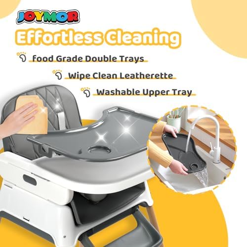 JOYMOR 5 in 1 Baby High Chair for Babies and Toddlers, Portable Highchair Fold Compact, ConvertibleBaby Feeding Chair Booster for Eating with Detachable Double Tray, 5 Point Harness (Grey&White) - 3