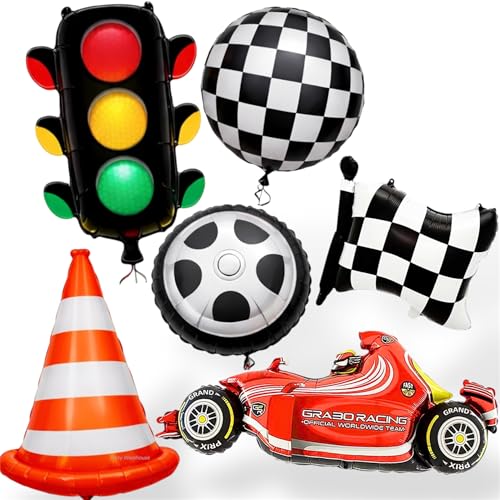 Image of Party Warehouse Racing Theme Foil Balloons Set|Car,Tyre,Traffic Light,Cone & Checkered Flag Balloons for Kids Birthday,Car Party, Formula Race Day & Motorsport Theme- XL Size-6 Pcs