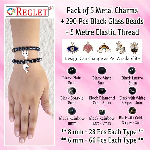 Image of 5 Pcs Charms + 290 Pcs Black Glass Beads for Jewellery Making Kit - Glass Beads for Bracelet Making Kit - Bead Craft - 8mm