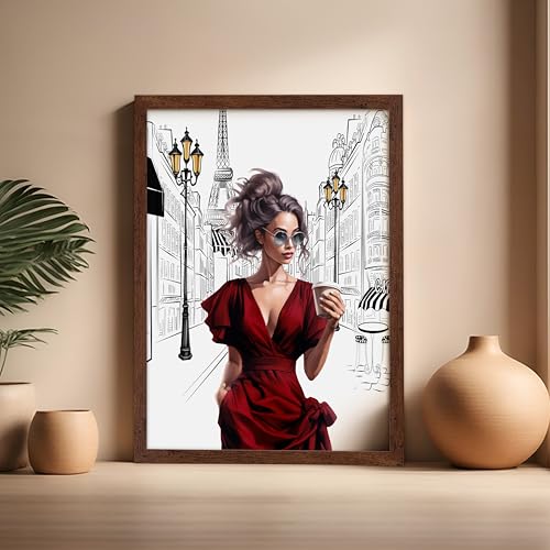Image of Poster Master Lady in Red Print - Fashion Poster - Paris Designer Art - Modern Wall Design - Chic Gift for Women & Fashionista - Glam Decor for Bedroom or Girl's Room - 16x20 Brown Framed