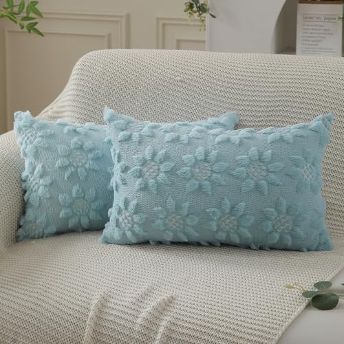 Image of DFXSZ Spring Summer Pillow Covers 12x20 inch Set of 2 Blue Sunflower | Farmhouse Decor Soft Plush Faux Fur Jacquard Throw Pillow Covers|For Spring Holiday Sofa Home Decor