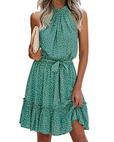Image of BTFBM Women Halter Neck Summer Dresses 2025 Spring Casual Sleeveless Floral Polka Dot Ruffle Mini Boho Beach Sun Dress