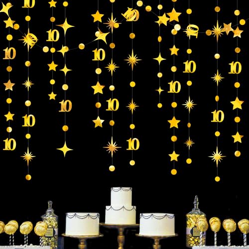 Image of Gold 10th Birthday Decorations Number 10 Circle Dot Twinkle Star Garland Metallic Hanging Streamer Banner Backdrop for Girls Boys Double Digits Ten Year Old Birthday 10th Anniversary Party Supplies
