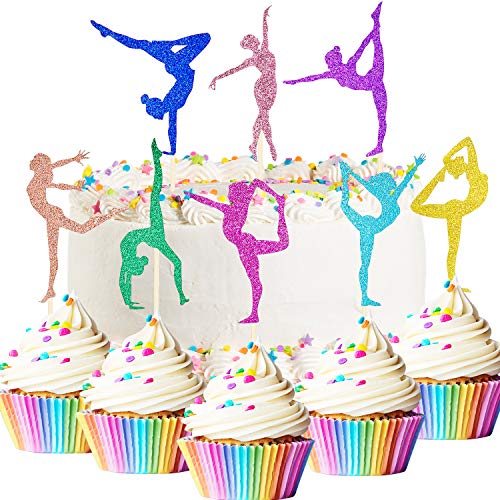48 Pieces Glitter Gymnastics Cupcake Toppers Gymnast Girl Cupcake Picks Toothpicks Colorful Gymnastics Silhouette Cake Decorations for Food Fruit Dessert Gym Theme Birthday Party Favors Supplies