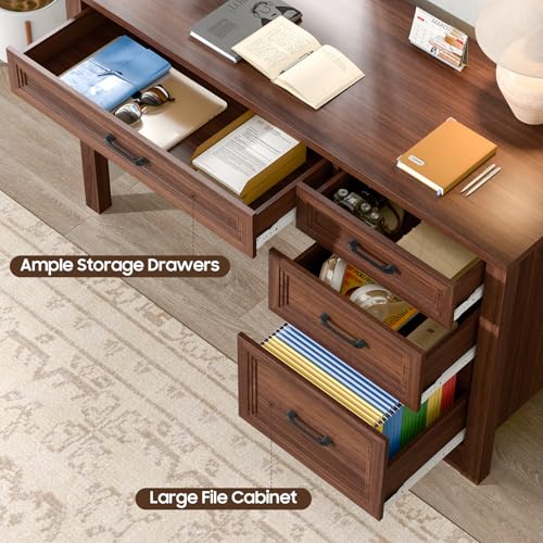 Image of Vabches Farmhouse Executive Desk with Storage and Ample File Drawer, Rustic Large Home Writing Desk for Bedroom, Walnut