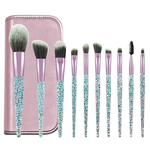 POYINRO Makeup Brushes, Makeup Brush Set, 10 PCS Premium Crystal Handle Synthetic Essential Cosmetics Brush Kit with Leather Bag for Face Powder Foundation Blending Blush Concealer Eye Shadow Brush