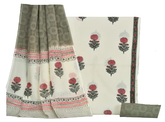 Image of NISHIRE Women's Cotton Jaipuri Hand Block Print Unstitched Suit Material with Cotton Mulmul Dupatta
