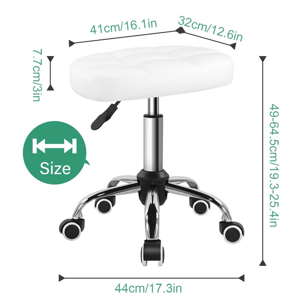FURWOO Taburete Ovalado Rodante Altura Ajustable Sillón de Masaje con Ruedas para SPA Salón Blanco