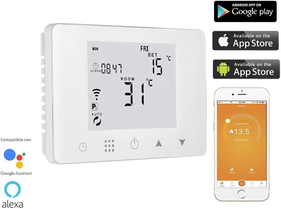 ANFEL Termostato Ambiente Caldaia Wifi Alexa | Cronotermostato Smart Intelligente Touch Screen Da Parete Monta Su Cassetta Incasso 503 Alimentazione 220V Per Riscaldamento Domestico Con Timer