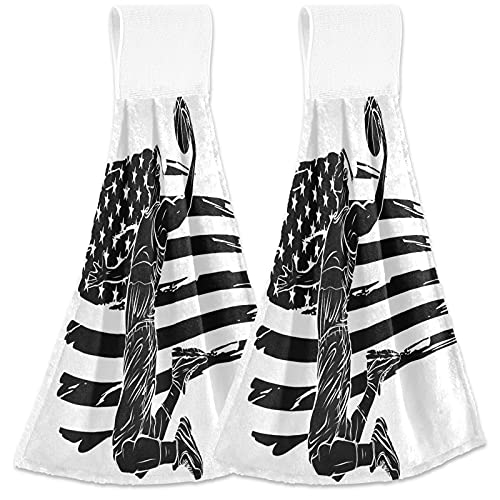 visesunny American Flag Baksteball Hanging Tie Towels 2 Pack Kitchen Hand Towels Dishcloths Sets with Loop Soft Cotton Absorbent Hand Towels for Bathroom Gym Restaurant Hotel BBQ Machine Washable