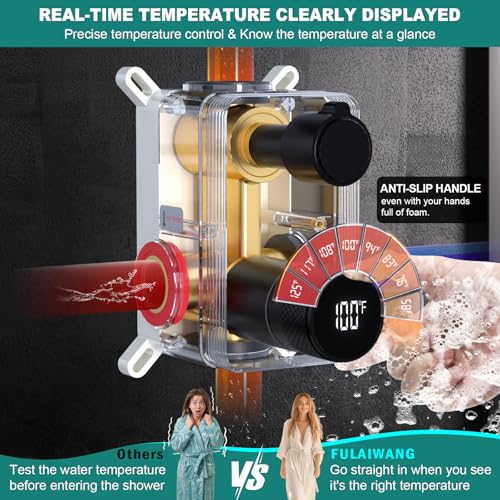 Válvula mezcladora de ducha con display digital, desviador 2 vías con kit de acabado | Mezcladora de latón con lector de temperatura para remodelación nueva, NPT1/2, negro mate miniatura 6